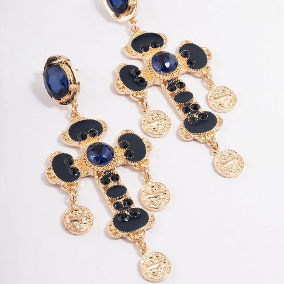 LOVISA MEDIEVAL ROYAL CROSS & COIN GOLD SAPPHIRE BLUE CRYSTAL EARRINGS**NEW! - Picture 1 of 3